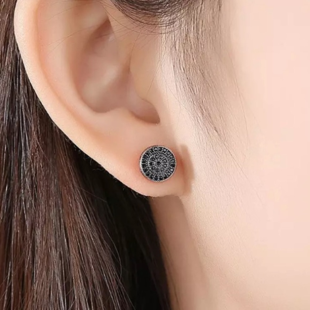 🌑 18K rose gold black round pave stud earrings - Picture 5 of 6